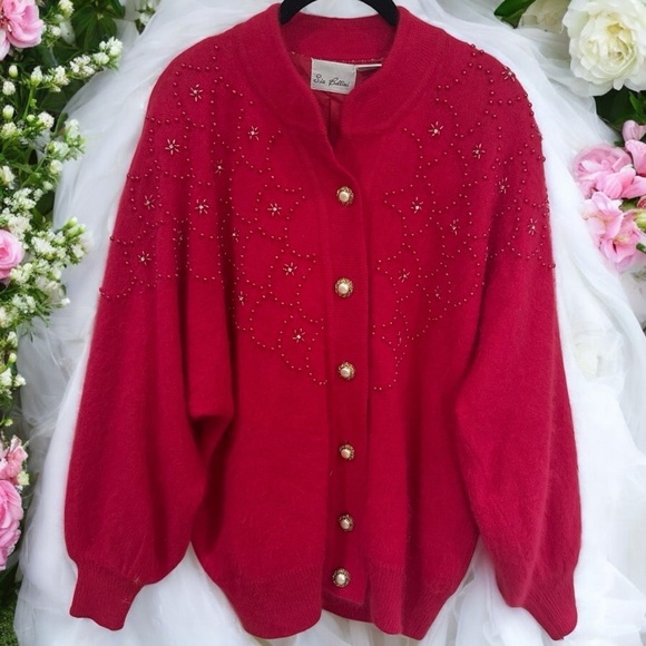 Vintage Sia Bellini Pink Floral Beaded Rabbit Hair Wool Blend Cardigan Size M - Picture 1 of 10